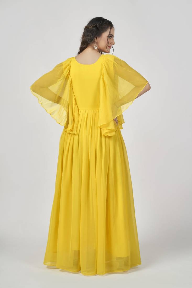 Women Embroidered Georgette Anarkali Gown  (Yellow)