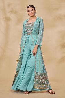 SKY BLUE RSHAM , ZARI , MIRROR AND SEQUINS EMBROIDERED GEORGETTE SHARARA SALWAR SUIT JACKET