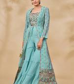 SKY BLUE RSHAM , ZARI , MIRROR AND SEQUINS EMBROIDERED GEORGETTE SHARARA SALWAR SUIT JACKET