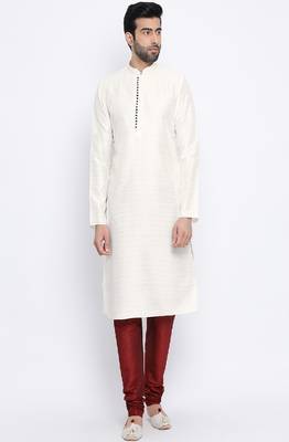 Namaskar Cream Solid silk men-kurtas 1