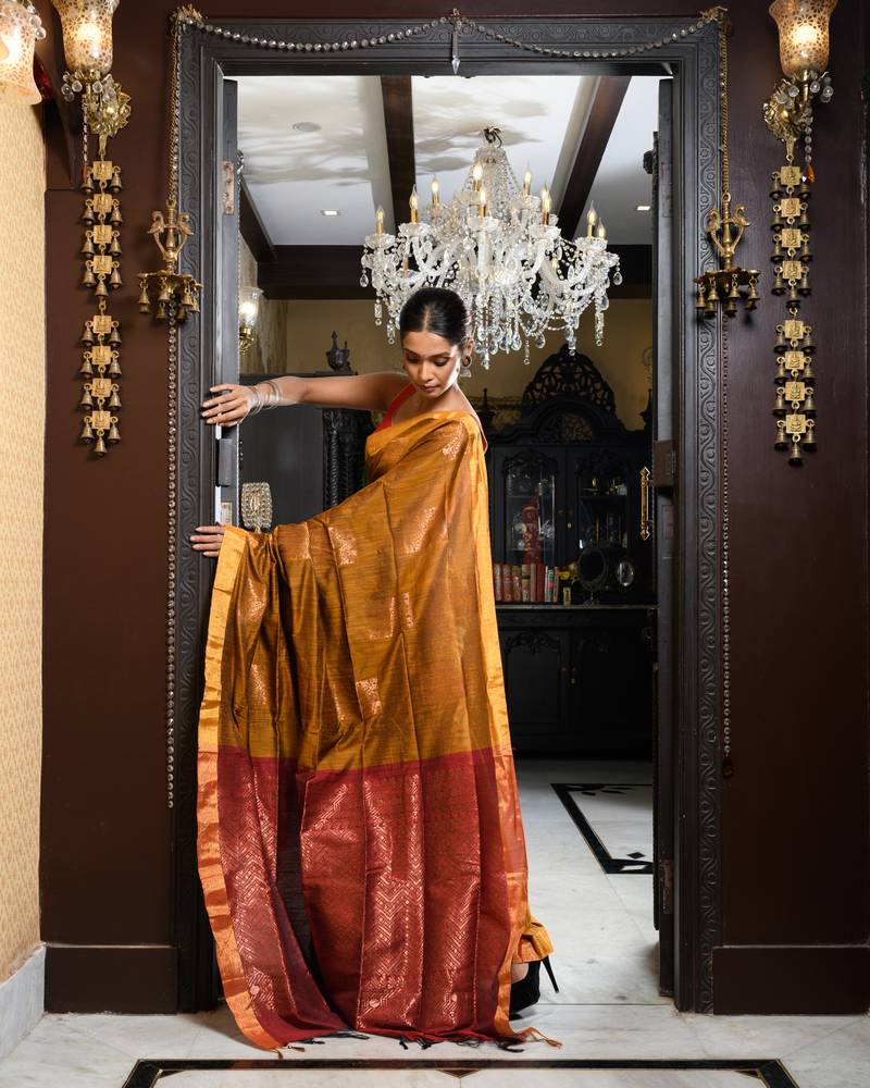Golden Yellow Zari Embellished Silk Blend Gadwal Handloom Saree