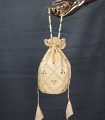 Cream colour Chanderi Silk Foil Print With lace border also comes with moti handle potali purse