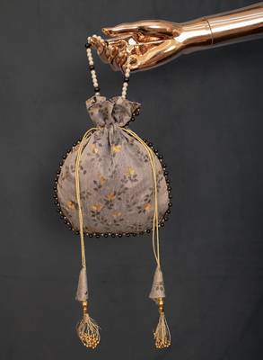 Grey colour Chanderi Silk Foil Print With lace border also comes with moti handle potali purse 1