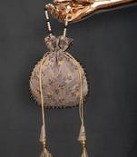 Grey colour Chanderi Silk Foil Print With lace border also comes with moti handle potali purse