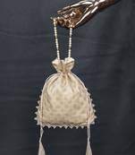 Off White colour Chanderi Silk Foil Print With lace border also comes with moti handle potali purse