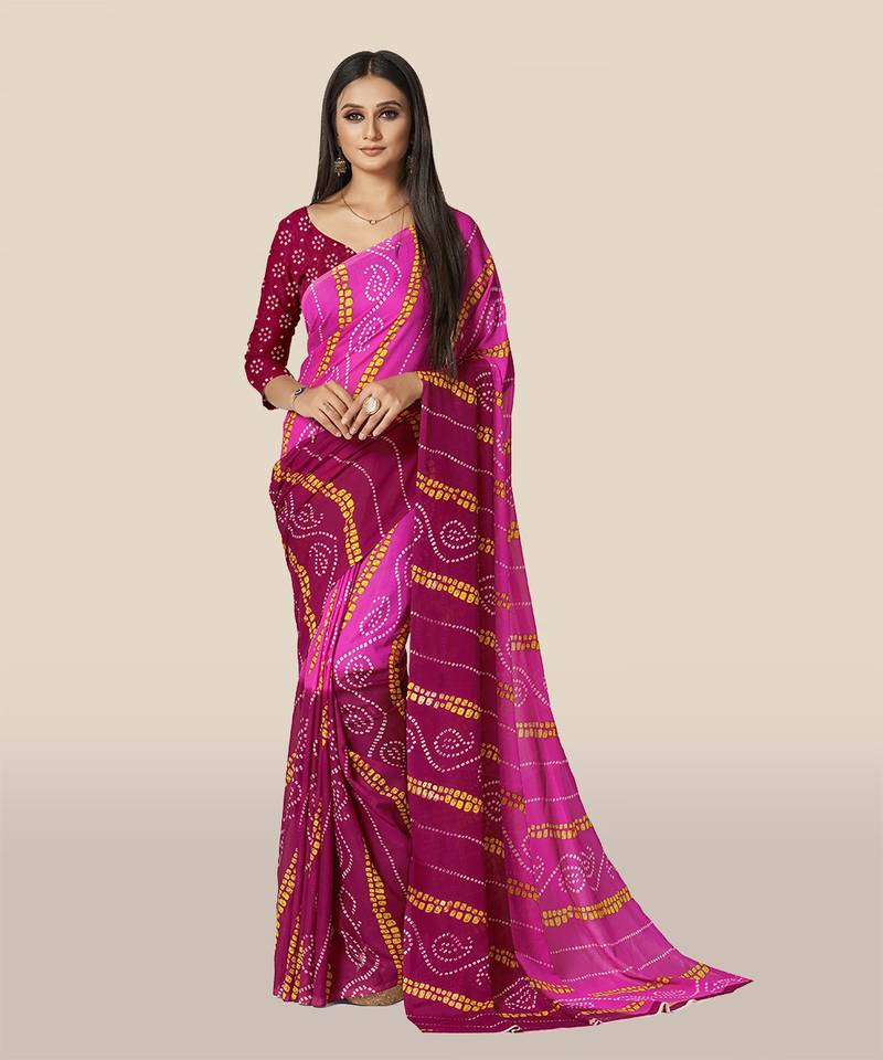 Pink printed georgette saree with blouse