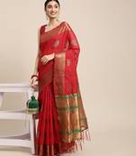 Red woven cotton silk saree with blouse