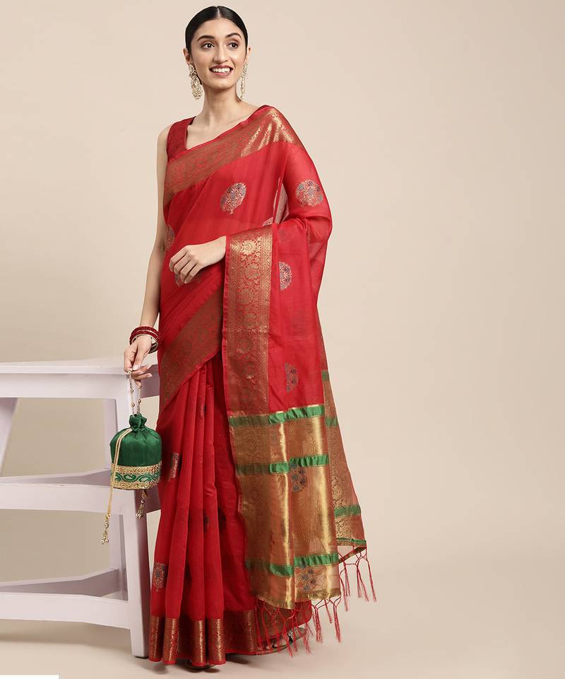 Red woven cotton silk saree with blouse