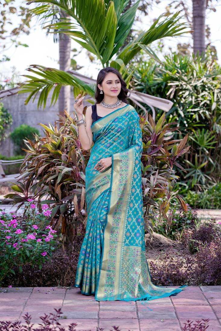 Blue woven poly silk saree with blouse