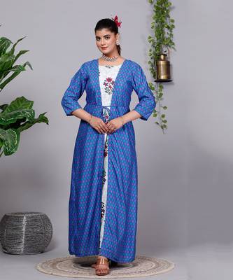 All Season Designer Blue With Multycolor Pure Cotton Gown 1