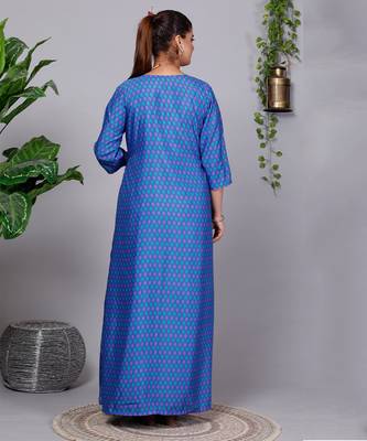 All Season Designer Blue With Multycolor Pure Cotton Gown 2