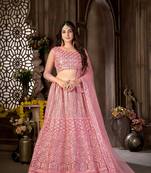 Pink thread embroidery net semi stitched lehenga