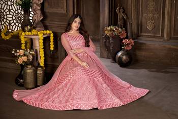 Pink thread embroidery net  lehenga 4