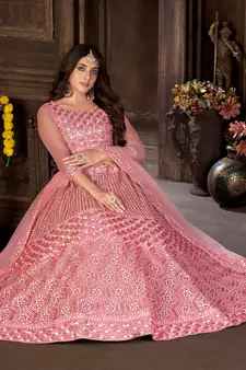 Pink thread embroidery net  lehenga