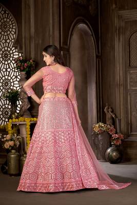 Pink thread embroidery net  lehenga 5