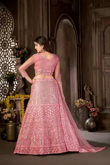 Pink thread embroidery net  lehenga