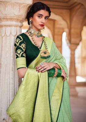 Light green woven silk saree with blouse 2