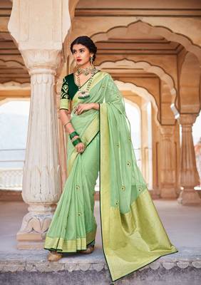 Light green woven silk saree with blouse 3