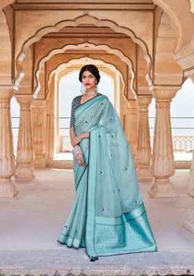 Sky blue woven silk saree with blouse 1