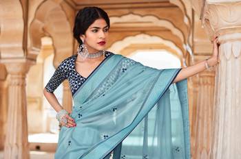 Sky blue woven silk saree with blouse 2