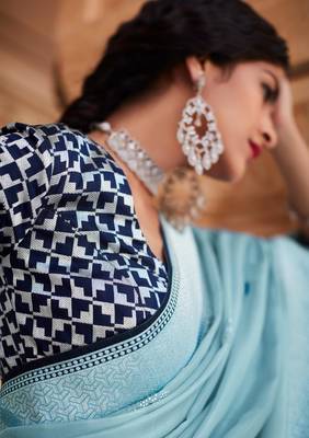 Sky blue woven silk saree with blouse 3