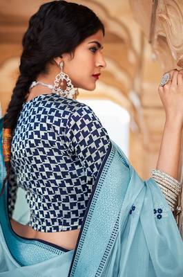 Sky blue woven silk saree with blouse 4
