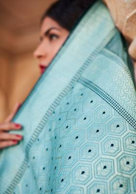 Sky blue woven silk saree with blouse 5