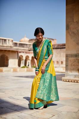 Yellow woven silk saree with blouse 3