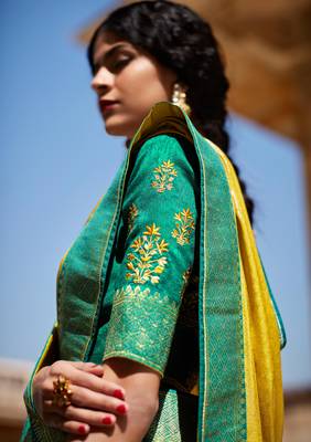 Yellow woven silk saree with blouse 4