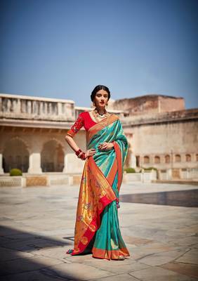 Blue woven silk saree with blouse 1