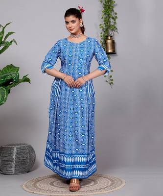 Partywear Designer Steel Blue Pure Cotton Gown 1