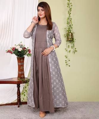 Partywear Designer Digital print Grey cotton silk Gown 1