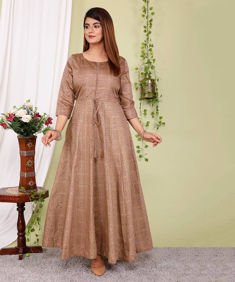 Partywear Designer Hand Screen and Foil Print Lightbrown Pure chanderi Gown