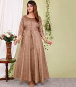 Partywear Designer Hand Screen and Foil Print Lightbrown Pure chanderi Gown
