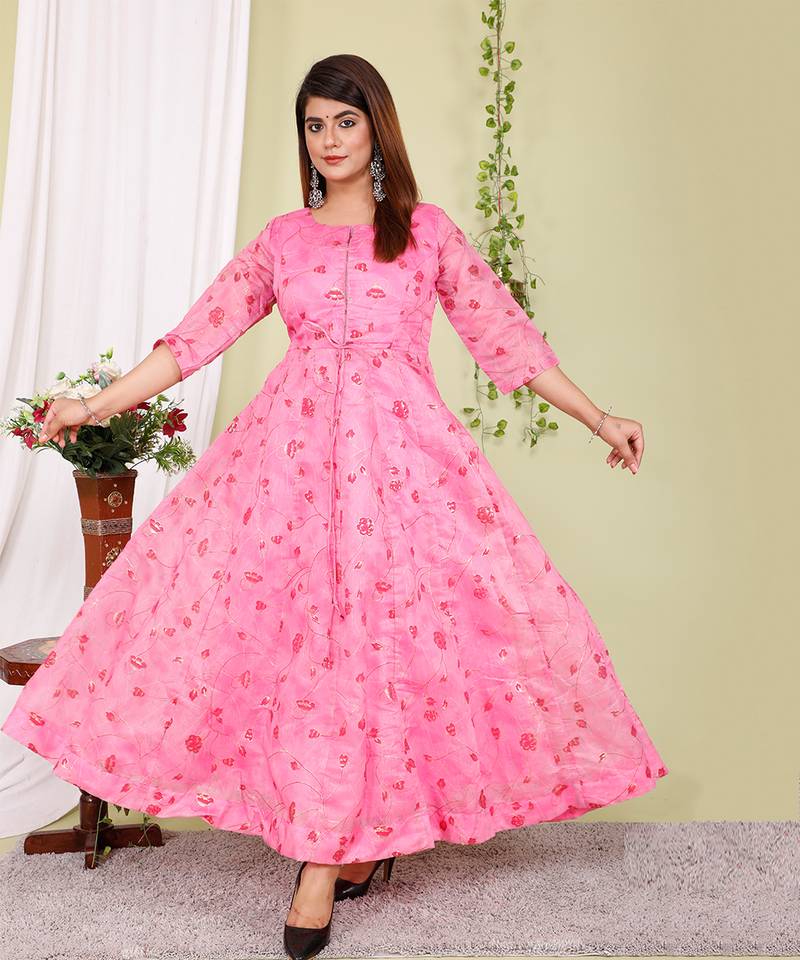 Partywear Designer Hand Screen and Foil Print pink Pure chanderi Gown