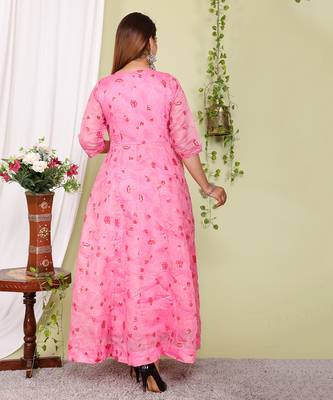 Partywear Designer Hand Screen and Foil Print pink Pure chanderi Gown 4