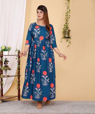 Designer Partywear Printed Blue Pure Cotton Gown 1