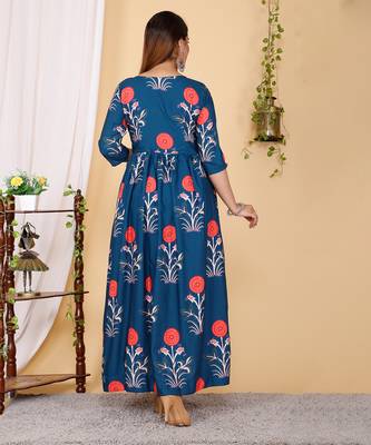 Designer Partywear Printed Blue Pure Cotton Gown 2
