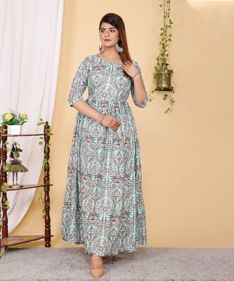 Designer Partywear Printed Light Cyan Pure Cotton Gown 1
