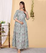 Designer Partywear Printed Light Cyan Pure Cotton Gown