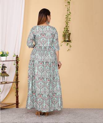 Designer Partywear Printed Light Cyan Pure Cotton Gown 2