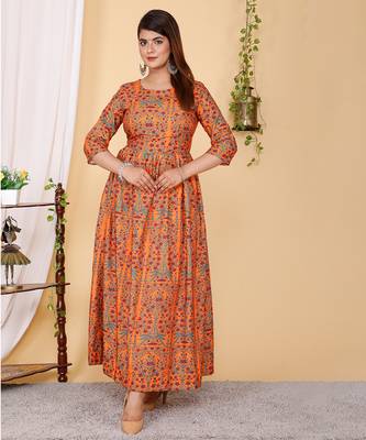 Designer Partywear Printed Dark Coral Pure Cotton Gown 1