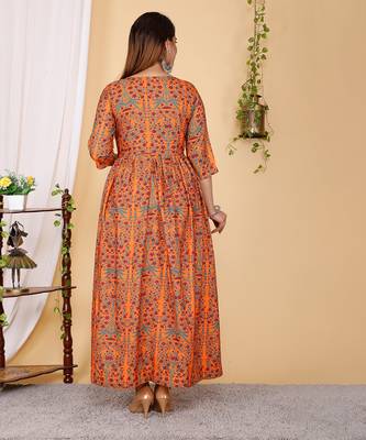 Designer Partywear Printed Dark Coral Pure Cotton Gown 2