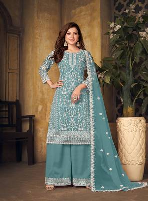 Sky-blue embroidered net salwar kameez 1