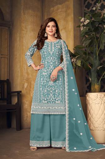 Sky-blue embroidered net salwar kameez