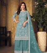 Sky-blue embroidered net salwar kameez