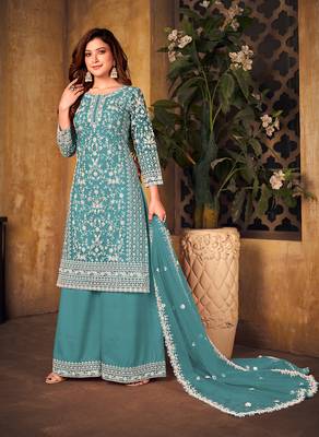 Sky-blue embroidered net salwar kameez 2