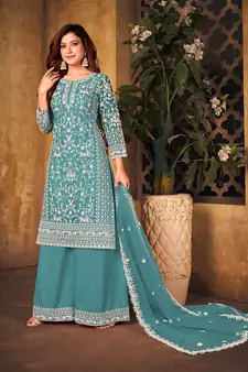 Sky-blue embroidered net salwar kameez