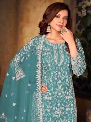 Sky-blue embroidered net salwar kameez 3