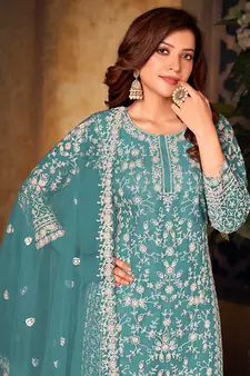 Sky-blue embroidered net salwar kameez